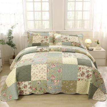 Imagem de vctops Conjunto de colcha acolchoada de algodão boho patchwork, tamanho queen, 3 peças, macio, reversível, leve, com estampa floral, 1 colcha e 2 fronhas (verde D, Queen)