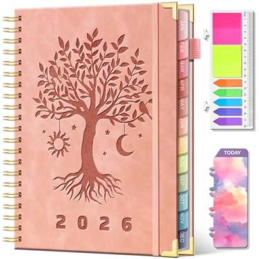 Imagem de Agenda 2026 semanal e mensal de couro de capa dura com abas, agenda de 53 semanas, agenda de 21,6 x 28 cm, com adesivos para mulheres, agenda anual com bolso interno, rosa