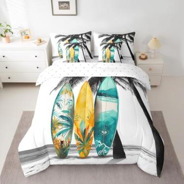 Imagem de Castle Fairy Conjunto de edredom colorido para decoração de quarto, conjunto de cama casal de coqueiro tropical, 7 peças, cama de praia do oceano havaiano em uma bolsa com edredom, lençóis, fronhas e