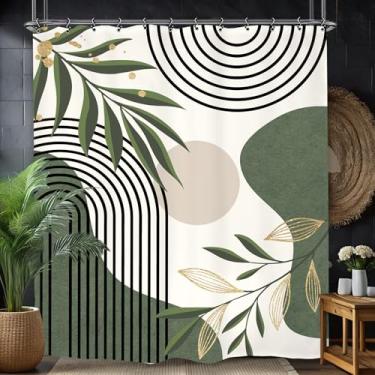 Imagem de Yookeb Cortina de chuveiro de banheiro abstrata verde sálvia 152 cm por 188 cm de altura, moderna, minimalista, folhas de plantas, estética neutra contemporânea, 12 ganchos de plástico, à prova d'água