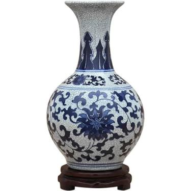 Imagem de AKALNNB Vasos para centros de mesa vaso de cerâmica novo chinês antigo azul e branco vaso de flor de porcelana grande 33,5 cm vasos de arranjo de flores pintados à mão com base Ho