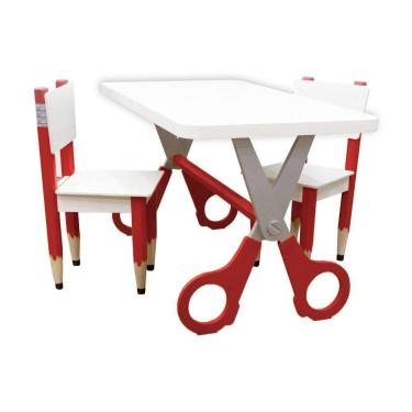 Imagem de Kit 2 Cadeiras Mesa Infantil Tesoura Vermelho Tampo Branco Retangular Base Temática Para Estudos Desenhos Mobília Decor