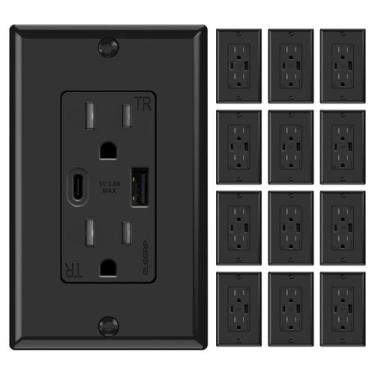 Imagem de Tomadas de parede ELEGRP, pacote de 12 A, 15 A com portas USB A e C, p