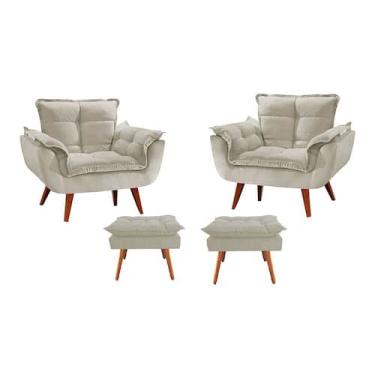 Imagem de Kit 2 Poltronas + 2 Puff Opala Luxo com Pés Estilo Retrô - Nude - MARA