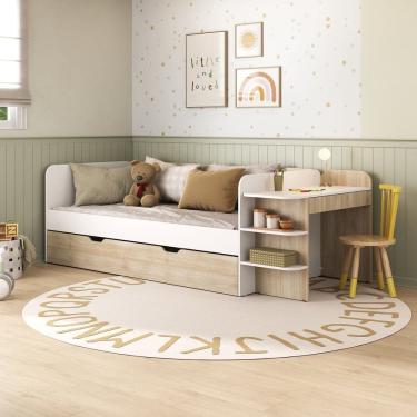 Imagem de Cama de Solteiro Funcional Infantil com Escrivaninha e Cama Auxiliar 100% Mdf Premium Helena Branco/ Carvalho