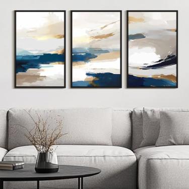 Imagem de KUVIOKE Arte de parede em tela emoldurada abstrata azul marinho em forma de grafite pastel decoração de parede pintura moderna minimalista para quarto sala de estar 61 x 91 cm (moldura preta)