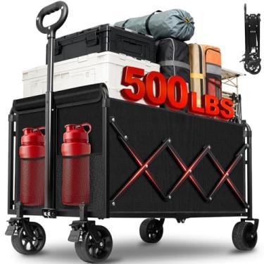Imagem de Carrinhos dobráveis para vagões dobráveis, carrinho de vagão resistente de 226 kg, dobrável com freios e rodas para todo o terreno, vagões dobráveis grandes para acampamento na praia, esportes