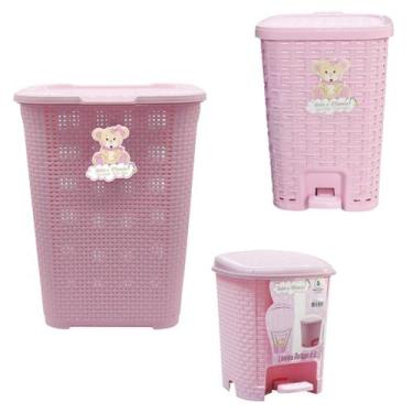 Imagem de Kit Cesto De Roupas 30L + Lixeiras Smart 15L e 6L Rosa Bebê - Monte Li