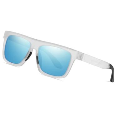 Imagem de Óculos de sol masculinos grandes, polarizados, grandes, modernos, quadrados, óculos de sol de designer para esportes, sol, pesca, golfe SY6109, Armação transparente | Lente espelhada azul, Large