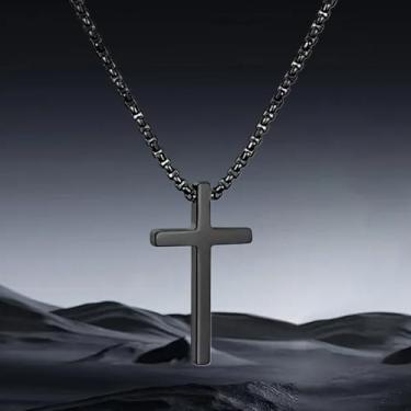 Imagem de Colar masculino com cruz - Pingente elegante de aço inoxidável com corrente durável e comprimento ajustável, 26", Metal, Sem Pedra Preciosa