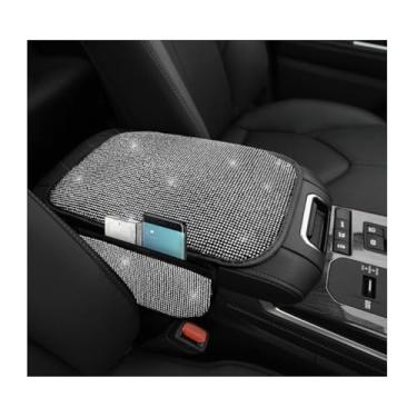 Imagem de MTRPS Capa de console central de carro brilhante, protetor de caixa de apoio de braço com strass de cristal com 2 sacos de armazenamento, almofada de descanso de braço brilhante, decoração de