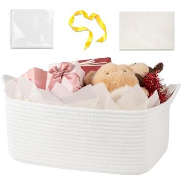 Imagem de OIASKET Cesta de armazenamento de tecido com saco de presente, fita e papel de embrulho, cestas vazias para presentes, pequenas cestas de corda com alças para berçário, organizador de brinquedos para