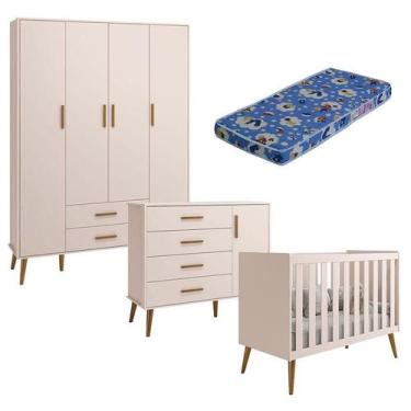 Imagem de Quarto de Bebê Isis 4 Portas Rosa Acetinado com Colchão Ortobom - Rell