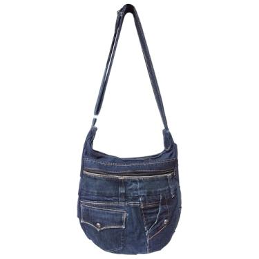 Imagem de Bijoux de Ja Bolsa tiracolo feminina com pregas jeans Upcycled, bolsa jeans feita à mão com alça ajustável e bolso, Azul, Medium