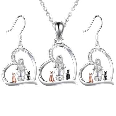 Imagem de SUPAC Conjunto de joias de cristal gato e lua, colar com pingente de aço inoxidável com cristais azuis e rosa, design de gato em ouro rosa, conjunto de 3 peças com brincos, largura de 0,90 polegadas