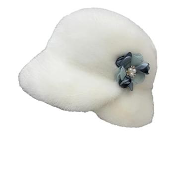 Imagem de Chapéu feminino elegante de pele francesa chapéu de pele mantém quente chapéu de pele adorável flores decoradas cartola branca P