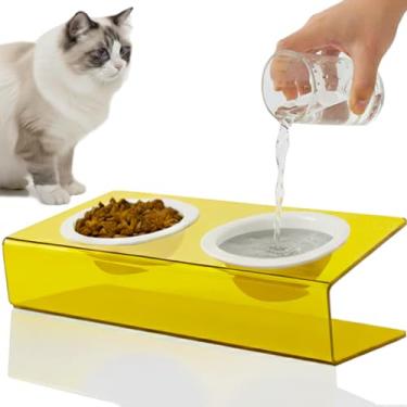 Imagem de Conjunto de tigelas elevadas para gatos internos, suporte de acrílico amarelo com 2 tigelas de cerâmica para comida e água, design inclinado de 15° para antivômito e à prova de formigas