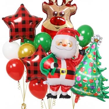 Imagem de TiAaihion Conjunto de 22 peças de decoração de balões de Natal - Papai Noel, rena, árvore de Natal, balões de folha de estrela xadrez vermelho preto xadrez, balões de látex vermelho, verde e branco