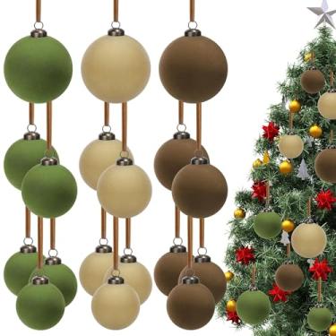 Imagem de Aneco 36 peças de enfeites de Natal de veludo, 3 tamanhos de bola de árvore de Natal flocada, enfeites decorativos de plástico para pendurar com 36 fitas para decoração de árvore de guirlanda de Natal
