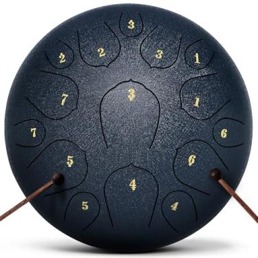 Imagem de Tambor de chuva para jardim externo, tambor de língua de aço, instrumentos musicais de 30,5 cm, instrumento de percussão de tambor manual, com bolsa macia, livro de música, 2 marretas (azul marinho