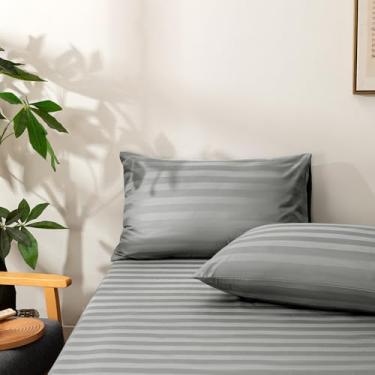 Imagem de NookZuzu Jogo de lençol e fronha King de algodão, lençol com elástico listrado cinza, lençol com elástico profundo de algodão orgânico, jogo de cama de 3 peças, sem lençol de cima incluído, macio e