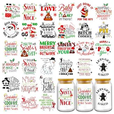 Imagem de Adesivos DTF UV de Natal - 20 folhas engraçadas Papai Noel boneco de neve UV DTF envoltórios para garrafa de água de vidro de 473 ml, adesivo de transferência fria de feliz Natal DIY decoração caneca