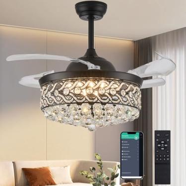 Imagem de DuMaiWay Lustre de lâminas retráteis de 122 cm, lustre de cristal regulável, ventilador de teto com luz e controle remoto, kit de luz de ventilador de cristal de LED regulável para quarto e sala de