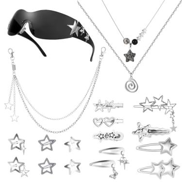 Imagem de Conjunto de acessórios Y2k incluído, colar de prata Star Y2k, colar em camadas grunge, corrente de calças hip hop, óculos de sol Y2K, clipe de cabelo de estrela, clipes de cabelo prateados, conjunto