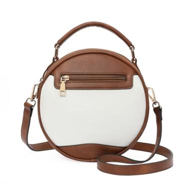 Imagem de GOIACII Bolsas circulares transversais femininas de couro macio com alça superior bolsa de telefone moderna pequena, Branco e marrom