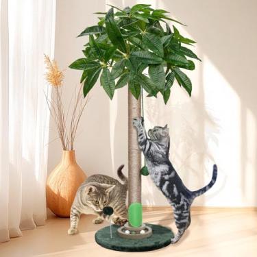 Imagem de Poste arranhador para gatos com pista de bola de madeira e brinquedo interativo para gatos, corda de sisal de 99 cm de altura, arranhador de gato, decoração de folhas de torre de árvore, para gatinhos