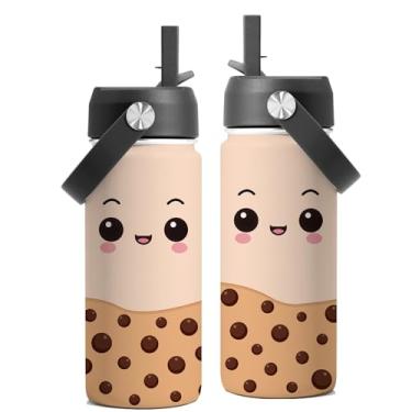 Imagem de FAIVHSO Garrafa de água Boba fofa, garrafas de água isoladas de aço inoxidável de 473 ml com tampa de palha, copos de bolhas fofos, presentes para meninos e meninas amantes de chá Boba