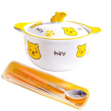 Imagem de Swlthwen Tigela de sopa de cerâmica de urso fofo com tampa, colher de pauzinho