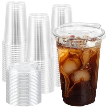 Imagem de BYSNOW Pacote com 50 copos de plástico transparente com tampas, copos descartáveis de café gelado com tampas sem canudo para festas, ao ar livre, escritório e eventos