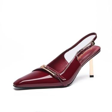 Imagem de Qunvngutui Sandálias femininas de bico quadrado stiletto slingback elegantes para festas à noite, casamentos, sapatos de formatura, Vinho tinto, 35