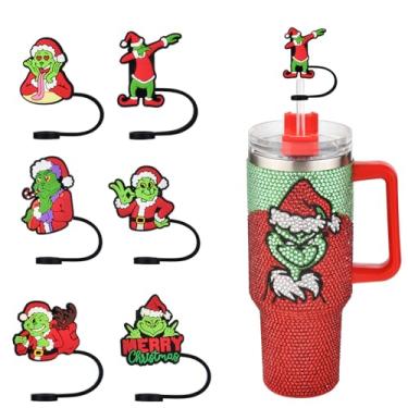 Imagem de Pacote com 6 tampas de palha de Natal compatíveis com copos Stanley, topo de canudo verde de silicone reutilizável, à prova de poeira, acessórios Stanley engraçados perfeitos para festivais