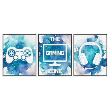 Imagem de Stupell Industries Blue Gamer Splatters Conjunto de arte giclée emoldurado cinza de 3 peças, design por Marcus Prime, 20 x 16