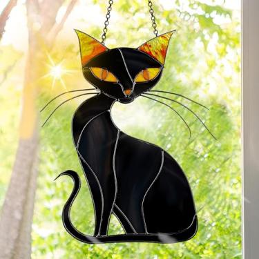 Imagem de Acrílico colorido Suncatcher, decoração de janela suspensa de gato com design de vitral impresso, apanhador de sol, arte de parede de arco-íris, ornamentos de Natal para uso interno e externo 19,8 x