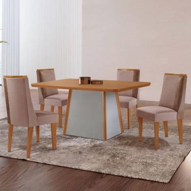 Imagem de Mesa De Jantar Diane 120cm Tampo Mdf Lam 4 Cadeiras Diane Moderna Linho Capuccino Tork Off White
