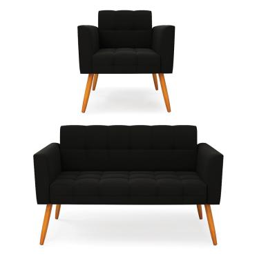 Imagem de Kit 1 Sofá Namoradeira e 1 Poltrona Elisa Suede Preto Pés Palito Castanho D03 - D'Rossi