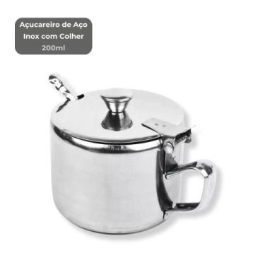 Imagem de Açucareiro em Inox com Tampa e Colher 200ml ou 420ml para Cozinha Café