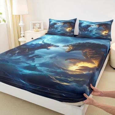 Imagem de Jogo de lençol casal infantil monstro 3D, relâmpago néon, ondas do oceano, decoração de quarto de meninos e meninas, tema de monstro animal 3D, azul e amarelo, 2 fronhas