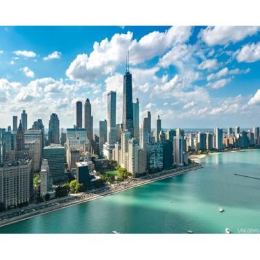 Imagem de VNUIEHG Kit de pintura a óleo digital faça você mesmo, vista aérea do horizonte de Chicago, drone, vista do lago Michigan e da cidade de pintura por números, kits de arte para iniciantes para