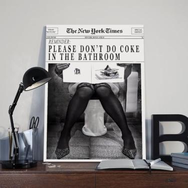 Imagem de 9W Pôster de jornal moderno preto e branco Impressão artística Please Don't Do Coke In The Bathroom Vintage New York Time Jornal Wall Art Decor For Bar Cart Women Or Girl Dormitório Quarto Sala de
