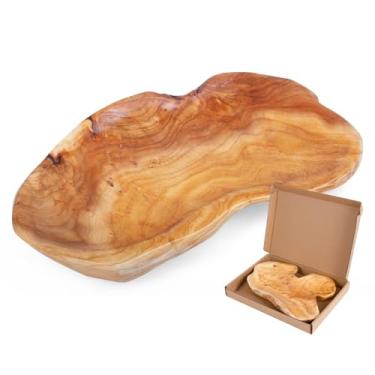 Imagem de BTEOBFY Tigela de frutas de madeira natural 28-33 cm, travessa de servir de madeira artesanal exclusiva, prato de lanche de frutas de madeira para servir pão sanduíche, exibição de aperitivos, prato vintage, obras de arte esculpidas à mão