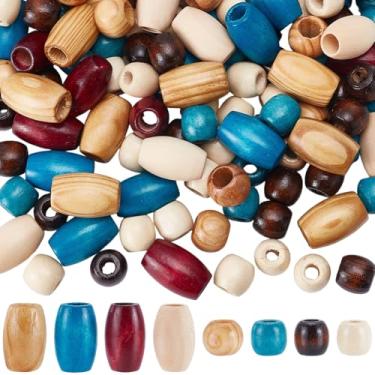 Imagem de SOFPLATE 140 peças, 8 estilos, contas de madeira de macramê, furo grande, contas de madeira, barril redondo em forma de coluna natural, pingentes espaçadores para fazer joias, tranças de cabelo