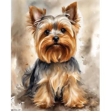 Imagem de WUIVCTR Kit de pintura em tela a óleo de enchimento DIY por número Yorkshire Terrier com pincéis e pigmento acrílico, pintura em tela DIY para adultos iniciantes, 40 x 50 cm, sem moldura
