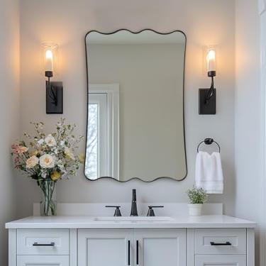 Imagem de ANDY STAR Espelho de banheiro retangular ondulado de 61 x 91 cm, espelho recortado preto fosco com design curvo, espelho de parede irregular para penteadeira, lavabo, decoração de parede, moldura de