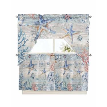 Imagem de Conjunto de cortina e saia de cozinha com estrela do mar costeira 3 peças, bolso para varão azul náutico praia curta 61 cm de comprimento, enfeite de verão oceano swag top coral concha pequena