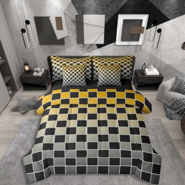 Imagem de Erosebridal Jogo de cama de solteiro xadrez preto em uma bolsa, 7 peças, amarelo, cinza, ombré, com lençol buffalo, xadrez, para crianças e adultos, conjunto de cama de guingão