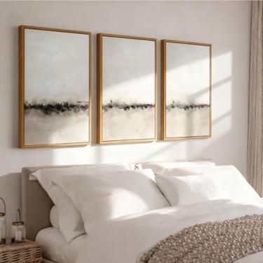 Imagem de Vaskuro Pinturas de arte neutra 3D emolduradas extra grandes feitas à mão para sala de estar, sala de jantar, 3 peças de arte minimalista abstrata texturizada para parede, decoração aconchegante